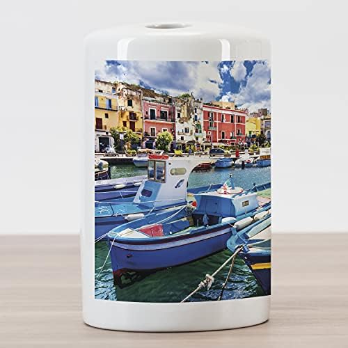 מחזיק מברשת שיניים קרמיקה של אמבסון איטליה, אי פרוקדה צבעוני עם סירות דייגים בקיץ נושא טיול תיירות, נושא נסיעות דקורטיבי רב -תכליתי לחדר אמבטיה, 4.5 x 2.7, רב צבעוני