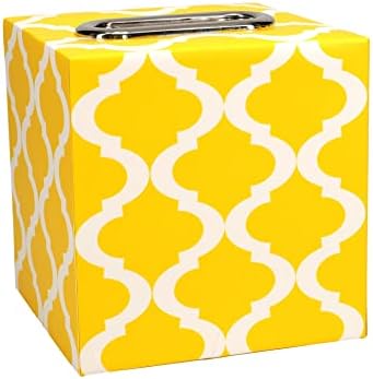 כיסוי קובייה של רקמות צהובות/לבנות כיסוי קופסאות רקמות פנים מודרניות, מחזיק תיבת רקמות אלגנטיות עם עליון סגלגל מתכת ושלוף את התחתית לחדר אמבטיה, סלון וחדר שינה, מסחרי, 5.2x5.2x5.5