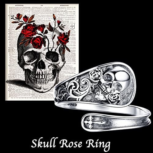 כפית טבעות 925 סטרלינג כסף גותי גולגולת מתכוונן טבעת רוז פרח הצהרת טבעת בציר ויקטוריאני תכשיטי מתנה עבור נשים