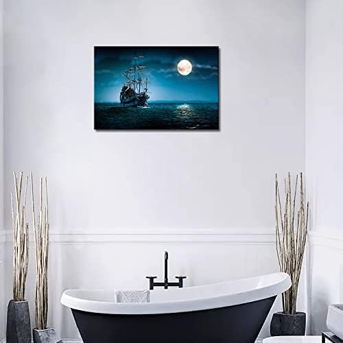 ראשון קיר אמנות-כחול סירת על נוף ימי וירח בשמיים קיר אמנות ציור התמונה הדפסה על בד תמונות עבור בית תפאורה קישוט מתנה