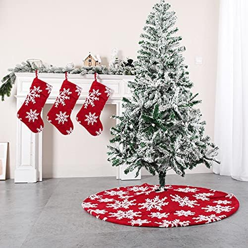 חצאיות עץ חג המולד של Huijie - קישוט מסיבת חג המולד כותנה אדומה קטיפת ג'קארד דפוס פתית שלג חצאית עץ, סידור קישוטים למסיבות חג, כמוצג, 122 סמ