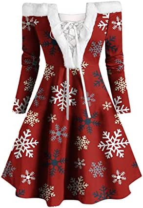 שמלות חג המולד לנשים וינטג 'וינטג' מסיבת הדפס שלג מזדמן שמלות חמודות רופפות לנשים