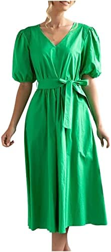 שמלות קיץ לנשים HCJKDU 2023 V צוואר קצרה של שרוול נפוח עניבה מותניים מידי שמלה רופפת צבע אחיד שמלה מזדמנת אלגנטית