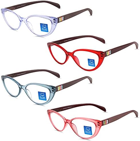 4 חבילה קריאת משקפיים כחול אור חסימת עבור נשים ריינסטון חתול עין אופנתי קוראי עם רך שקיות קל משקל משקפיים אנטי לאמץ את העין/בוהק/אולטרה סגול 1.50