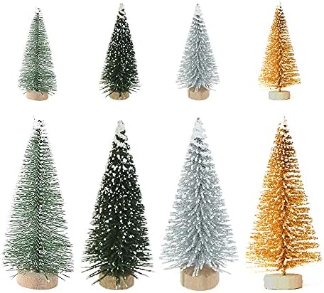 Zmmyuluo עצי אורן מיניאטוריים 8 PCS SISAL עצי חג המולד חלבית מכוסה שלג עם בסיס עץ עץ עץ חג המולד סט שולחן עצים לסצינות מיניאטוריות, יצירת חג מולד ועיצוב, גודל מעורב